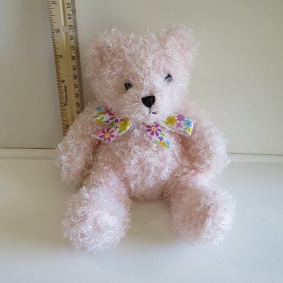 Baby Light Pink Teddy Bear 9" long Stuffed Animal Plush Floral Ribbon Bow - Picture 6 of 7